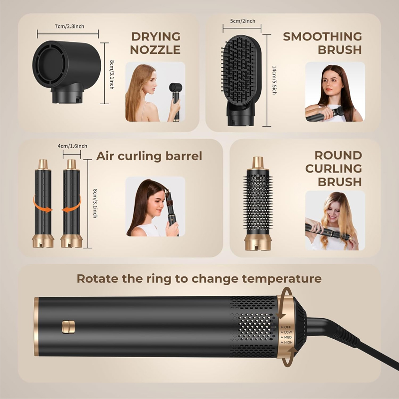 5 in 1 Blow Dryer Brush, Detachable Hair Dryer Brush Air Curler Air Curling Wrap Styler, Upgrade Hot Air Brush Negative Ion Curling Brush Iron, Hair Styling Tools for Drying Curling Straightening