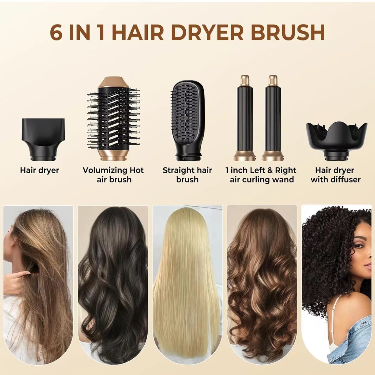 6 in 1 Blow Dryer Brush, Hair Dryer with Diffuser for Curly Hair, Negative Ionic Hair Dryer Brush Set, Air Curling Iron Air Styler, Brush Blow Dryer Straight, Volumize, Drying Hair Styling Tool