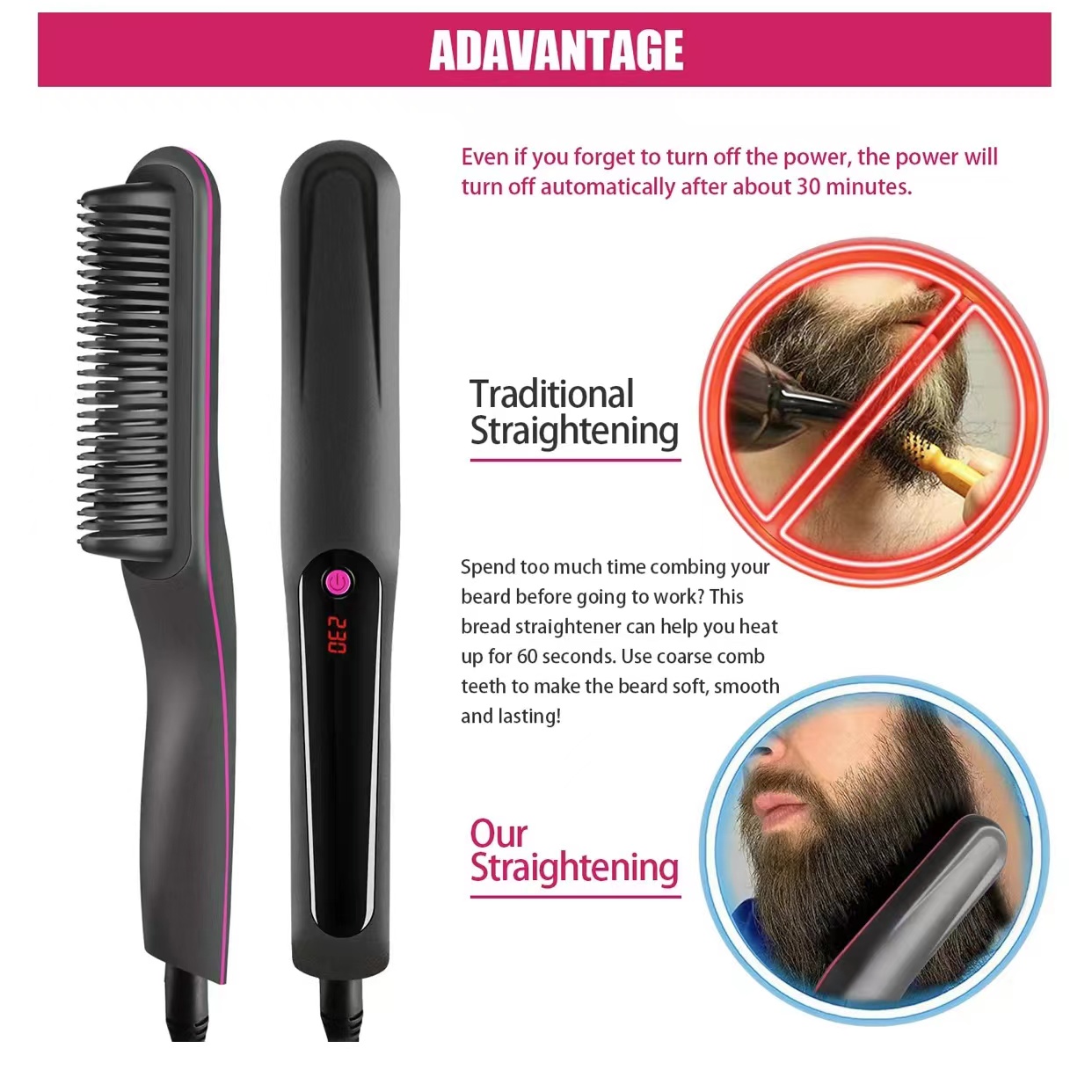 Straightening Comb - 2-in-1 Ceramic Hot Brush Straightener with Auto-Off & Anti-Scald, Fast Heating for Thick Hair, Home, Salon & Travel