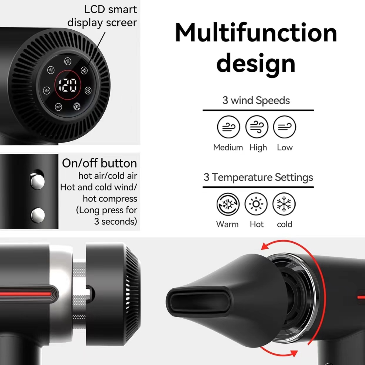 Intelligent high-speed hairdryer anion hot compress beauty hot and cold wind household cross-border aluminium alloy high-power hairdryer