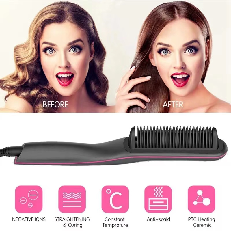 Straightening Comb - 2-in-1 Ceramic Hot Brush Straightener with Auto-Off & Anti-Scald, Fast Heating for Thick Hair, Home, Salon & Travel