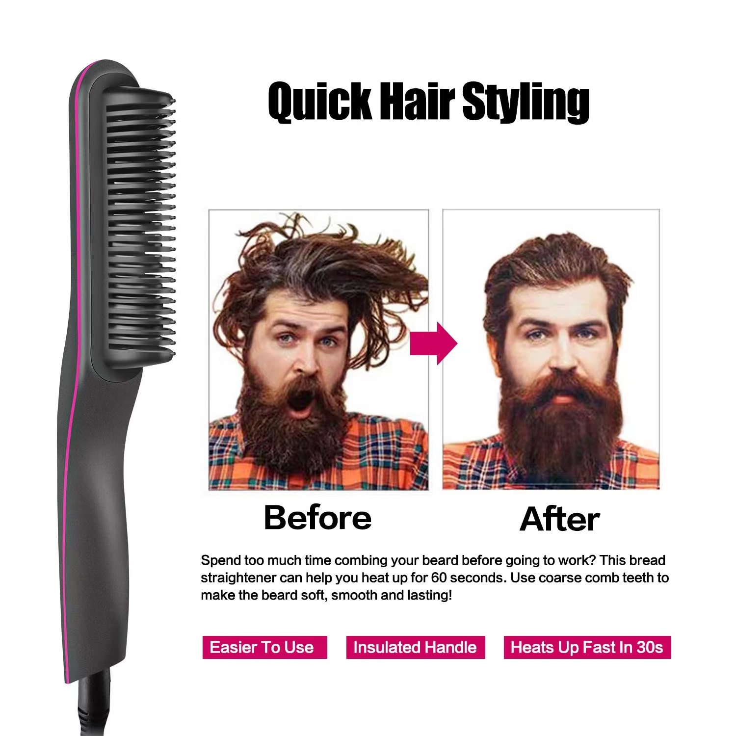 Straightening Comb - 2-in-1 Ceramic Hot Brush Straightener with Auto-Off & Anti-Scald, Fast Heating for Thick Hair, Home, Salon & Travel