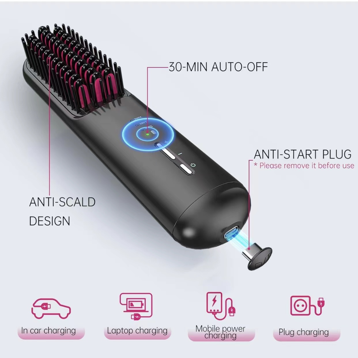 QUMOX Cordless Hair Straightener Brush, Portable Straightening Brush for Travel, Mini Hot Ionic Straightener Comb for Women, Ceramic Coating, Lightweight for Touch-ups